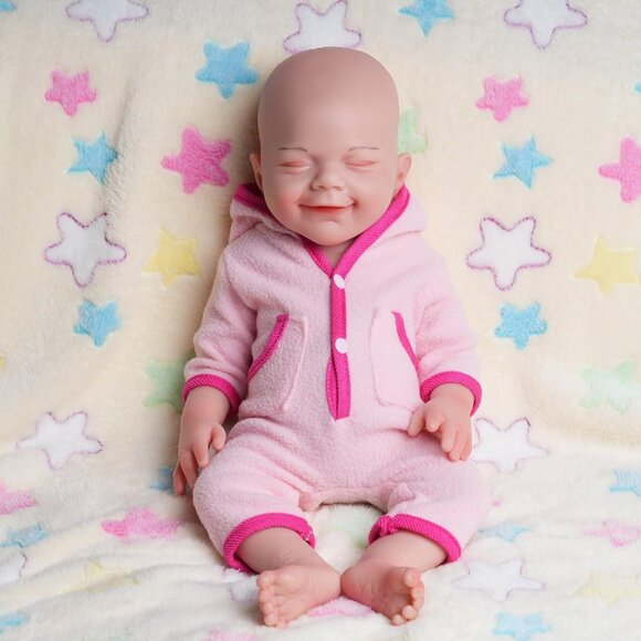 🆕18 inch Full Body Platinum Silicone Bald Baby Doll Closed Eyes Smiling Girl - Picture 10 of 14